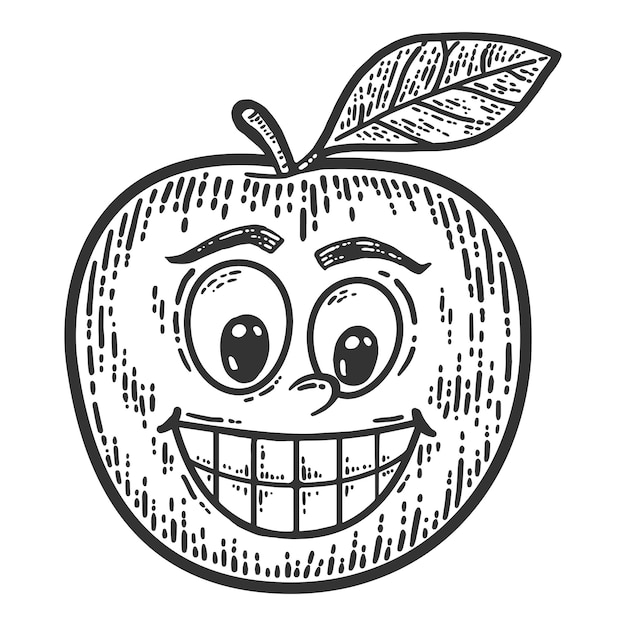 Apple with a comic face Sketch scratch board imitation Black and white