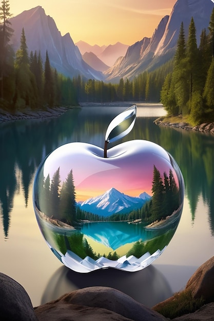 Vector an apple with a picture of a mountain and trees on it