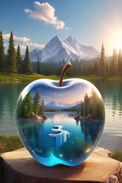 Vector an apple with a picture of a mountain and trees on it