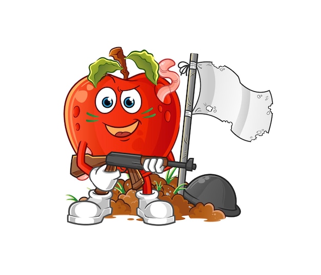 Apple with worm army character. cartoon mascot vector