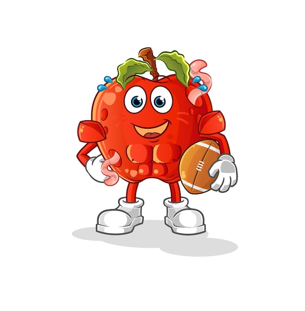 Apple with worm playing rugby character cartoon mascot vector