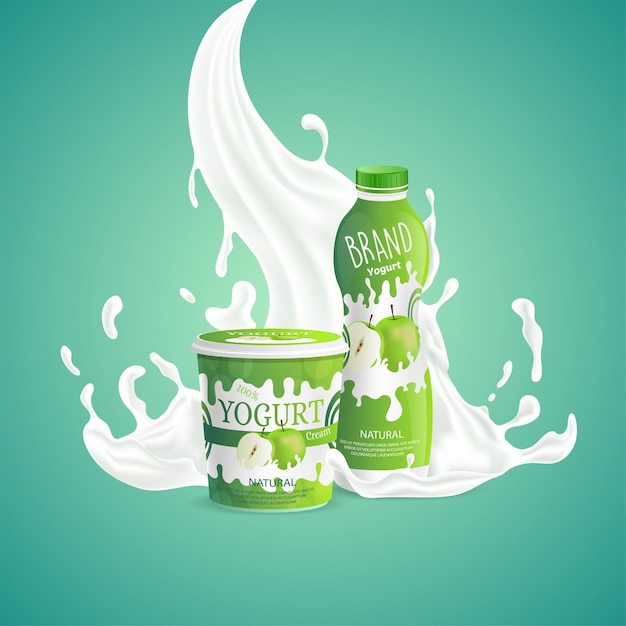 Apple yogurt packaging design with splashing of milk swirl tasty