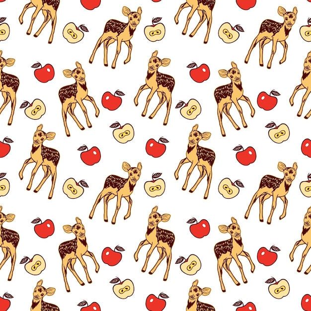 Apples and deer Vector seamless pattern with fruits and animals For the design of textiles children's clothing covers wrapping paper