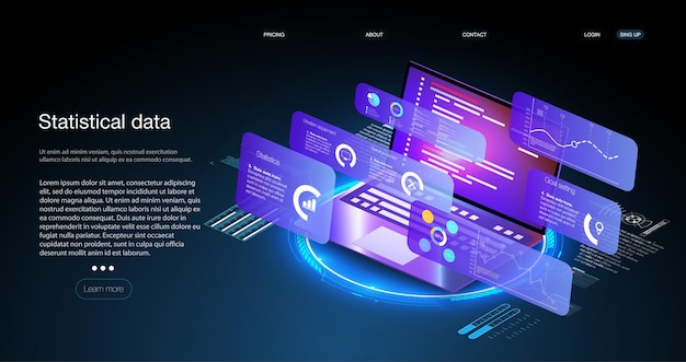 Application of laptop with business graph and analytics data on isometric laptop Analysis trends and financial strategy by using infographic chart. Digital money market, investment finance and trading