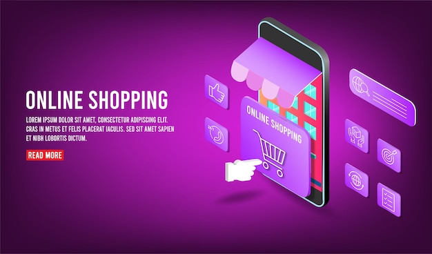 Application smartphone mobile and computer payments online transaction Shopping online process on smartphone Vecter cartoon illustration isometric design