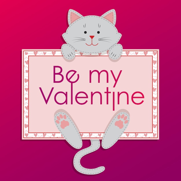 Applique cute cat with a board Be my Valentine. Vector illustration