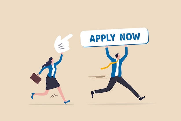 Apply new job online career opportunity or employment vacancy job application or opening position concept businessman holding apply now button and businesswoman with mouse pointer to click