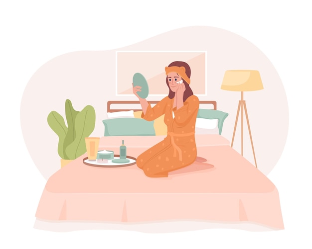 Applying face lotion in bed 2D vector isolated illustration