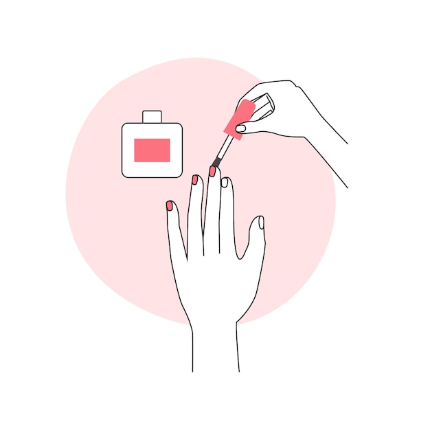 Vector applying red nail polish on fingernail with brush manicure process line icon