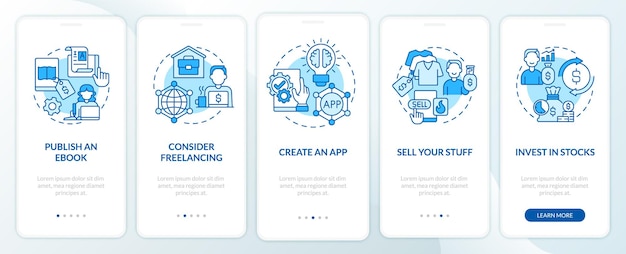 Approaches to make money online onboarding mobile app page screen. Freelancing walkthrough 5 steps graphic instructions with concepts. UI, UX, GUI vector template with linear color illustrations