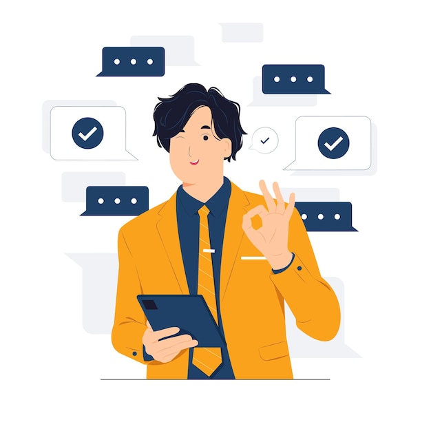 Approved gesture Ok sign with Smiling Businessman wearing suit standing while holding mobile phone and showing thumbs up concept illustration