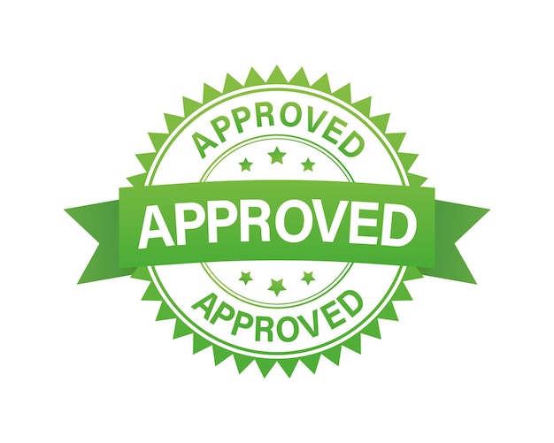 Approved label Approved green stamp with band Vector illustration