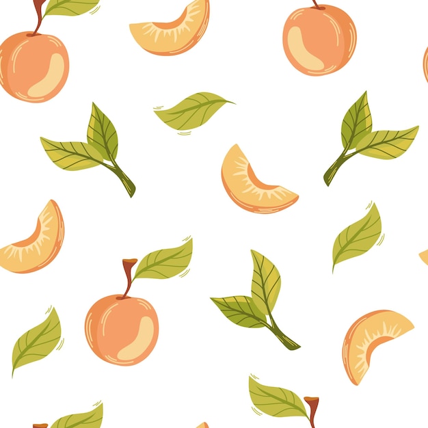 Apricot fruit seamless pattern Rise garden plant whole and half piece with stem and kernel Juicy natural healthy fruit Perfect for wallpaper fabric interior decor Vector cartoon illustration