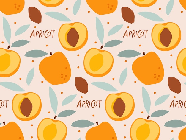 Apricot Fruit with leaves seamless pattern hand drawn doodle sketch Repeated Vector Food template