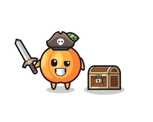 The apricot pirate character holding sword beside a treasure box