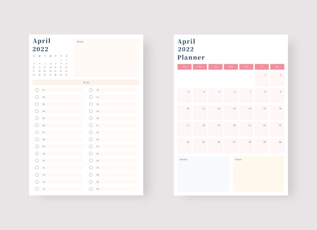 April 2022 planner template set Set of planner and to do list