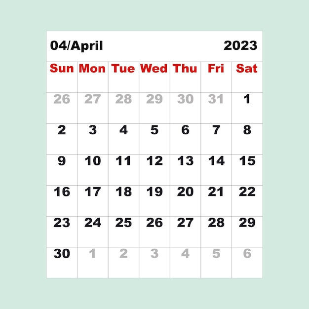 April 2023 Calendar for one month in the form of a table for the organizer or planner Vector