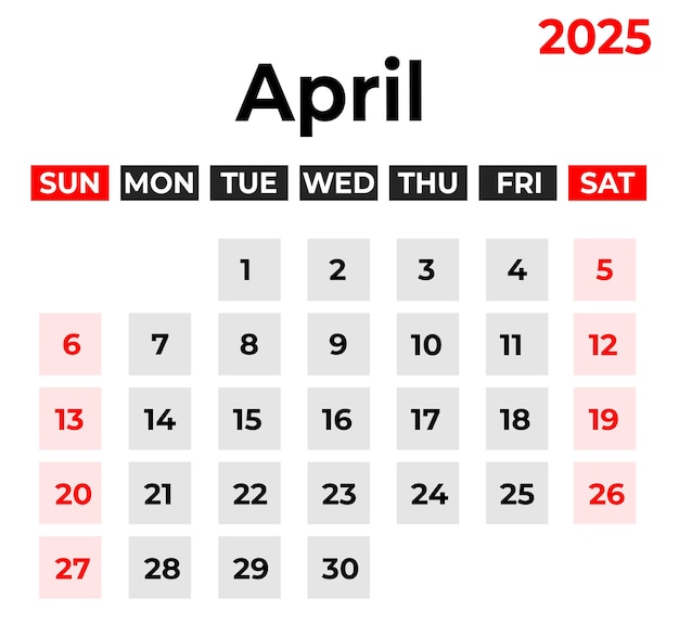 april 2025 Monthly Calendar design week starts from sunday