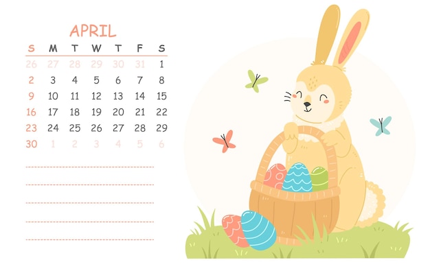 April calendar for 2023 with an illustration of a cute rabbit with Easter eggs in a basket