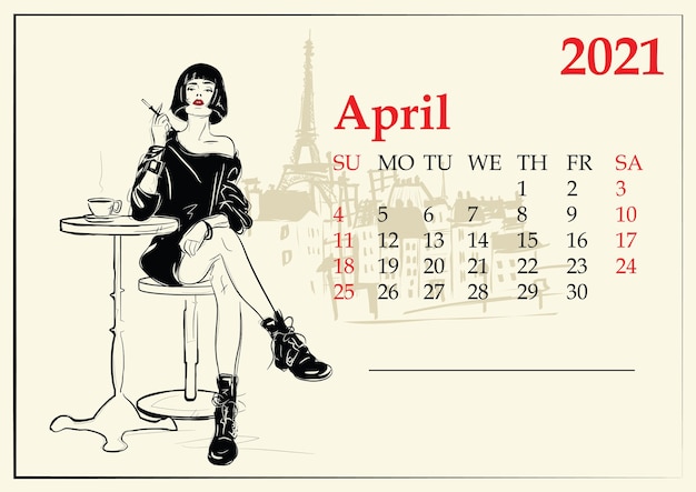 April.  Calendar with fashion girl in sketch style. 