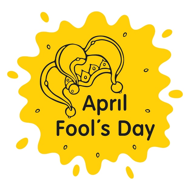 April Fools Day festive calligraphy on yellow splash background with Jester hat Premium Vector