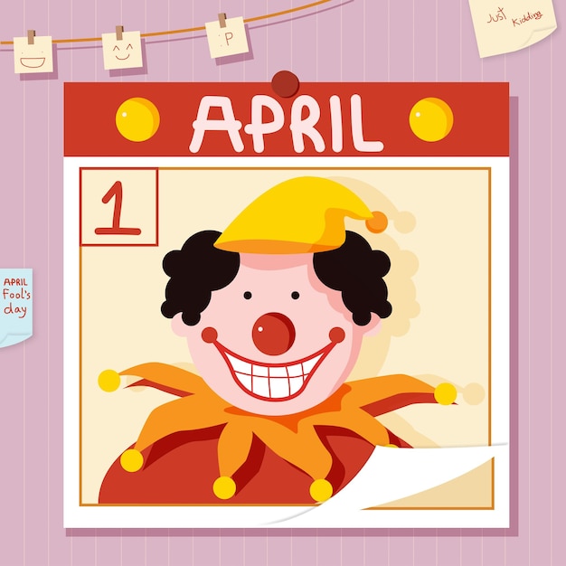 April Fools' Day Funny clown character smiling in frame with text vector illustration background