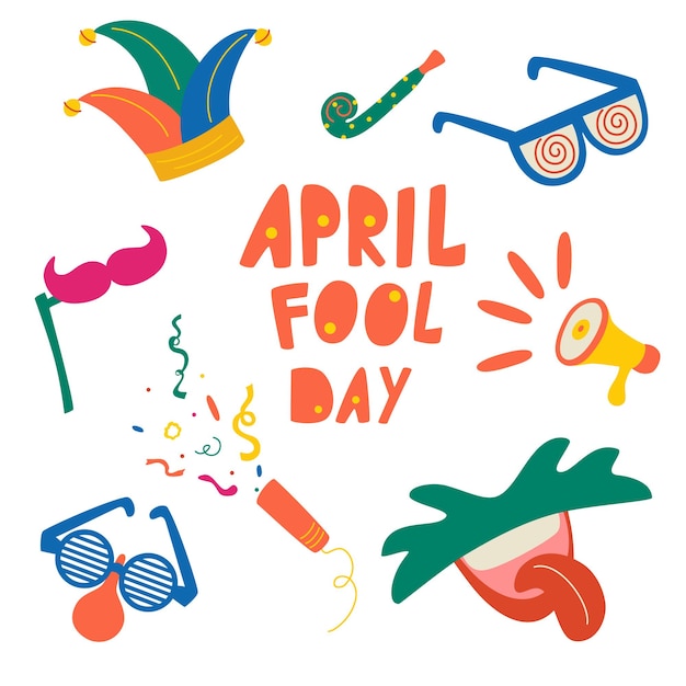 April fools day vector elements set. Jester hat, cracker, funny glasses, noses, moustaches, mouth with tongue icon over white background. Colorful and flat style design.