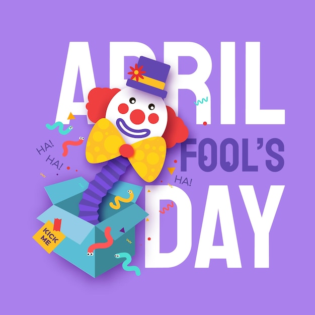 April Fools Day with Clown Character in paper cut style April 1 party Present joke box Fools Day