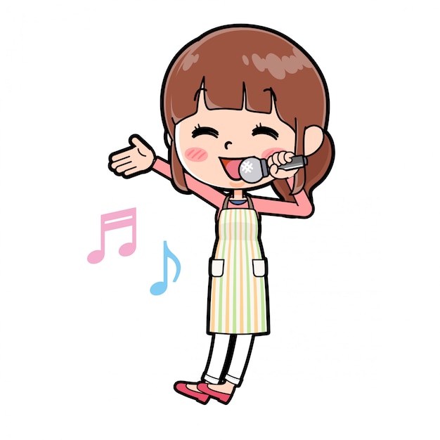 Apron mom singing with a microphone