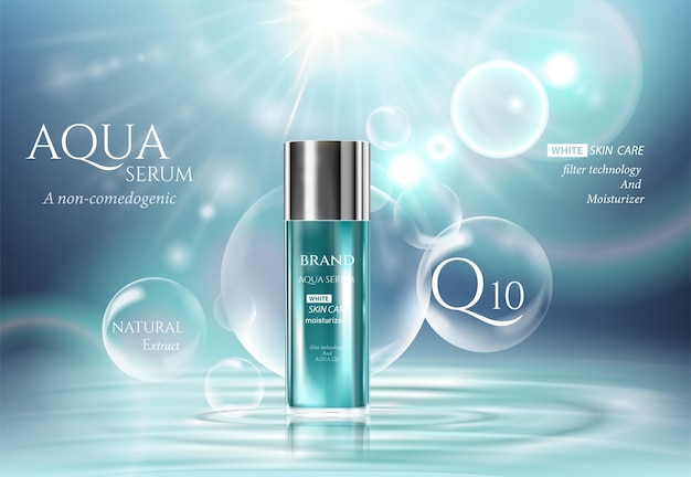 Aqua skin care cosmetic ad promoting poster template Underwater blue sunlight ray bubble vector and deep sea realistic background 3d illustration