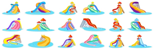 Vector aquapark icons set colorful water slides entertainment in aqua park for summer holidays and family rest