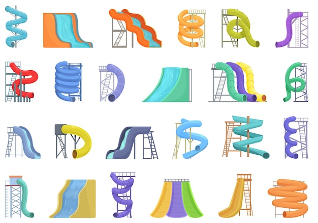 Aquapark slide icons set cartoon vector Water travel