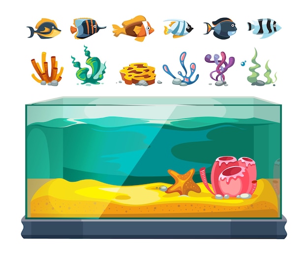 Aquarium bundle. Exotic fishes, seaweeds and corals. Cartoon glass water cube, isolated sealife or underwater vector elements