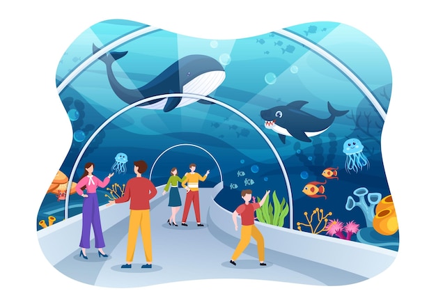 Aquarium Template Hand Drawn Cartoon Illustration with Family and Kids Looking at Underwater Fish