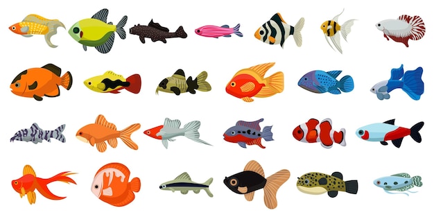 Aquarium tropical fish and cartoon ocean cute collection Sea coral reef animals and underwater