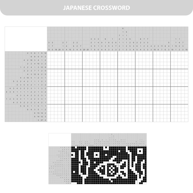 Aquarium with fish. Black and white japanese crossword with answer. Nonogram with answer. Graphic crossword. Puzzle game for kids.