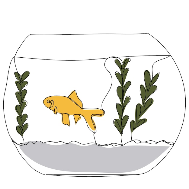 Aquarium with fish line drawing, picture, isolated, vector