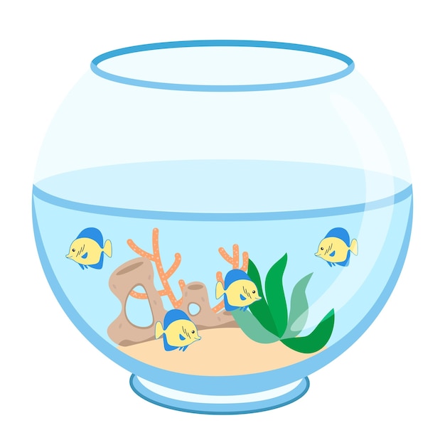 Aquarium with gold fish isolated on a white background. Vector illustration in cartoon style.