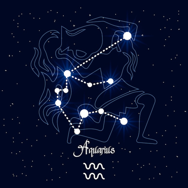 Aquarius, constellation and zodiac sign on the background of the cosmic universe. Blue and white