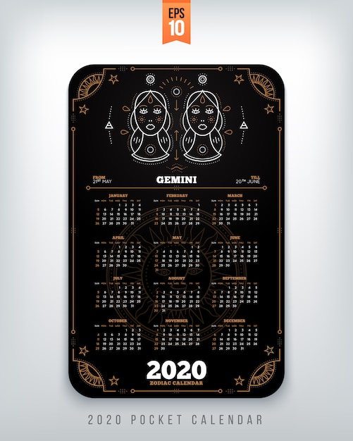 Aquarius  year zodiac calendar pocket size vertical layout Black color  style  concept illustration