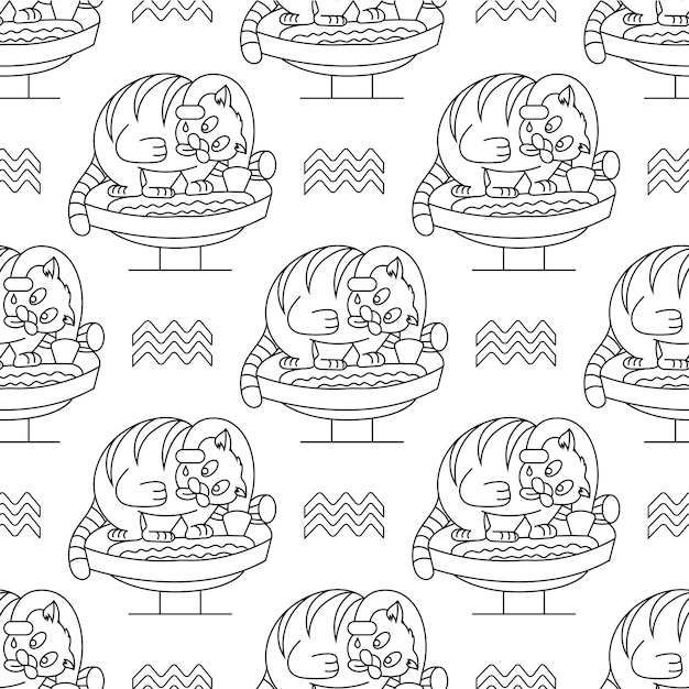 Aquarius zodiac sign in the form cat seamless pattern on white background Vector illustration