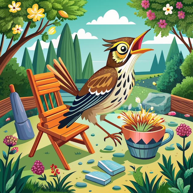 Aquatic Warbler bird in shock knocks garden chair vector