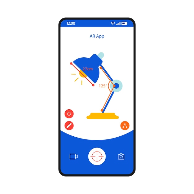 AR app smartphone interface vector template. Mobile page white design layout. Augmented reality prototyping. Virtual table lamp modeling, visualization screen. Flat UI for application. Phone display