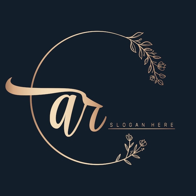 ar calligraphic and signature vector logo design with circle in gold color leaf and flower