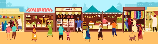 Arab or Asian outdoor street market, souk or bazaar. People walking along stalls, buying fruits, meat, traditional textile, oriental spices, pottery. Flat cartoon colorful vector illustration.