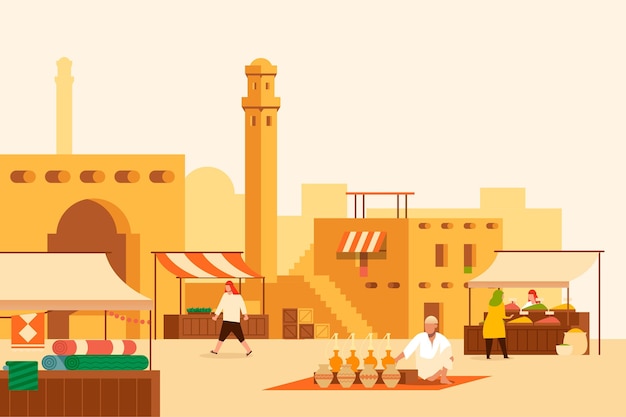 Arab bazaar illustration with merchants and customers