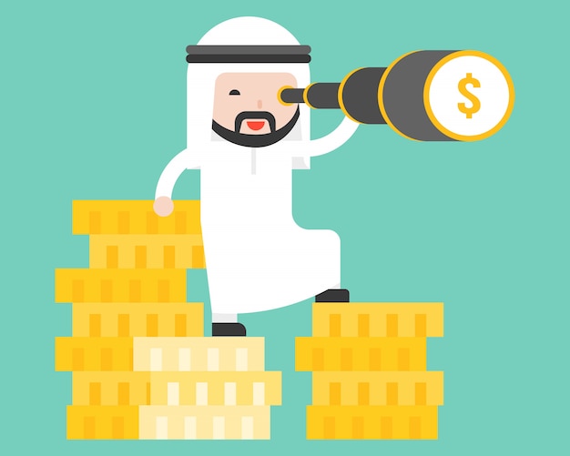 Arab business man stands on stack of gold coin