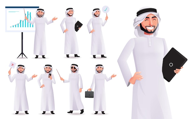 Arab business man vector character set. Arabian male characters holding laptop, briefcase.