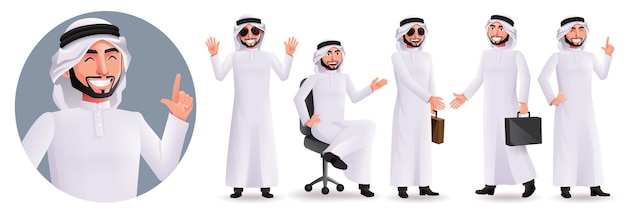 Arab business man vector character set. Arabian male characters with bag element and professional.