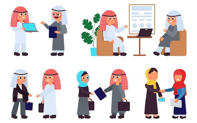 Arab business people Arabic office characters islamic teamwork Isolated managers meeting muslim saudi man woman working decent vector scenes